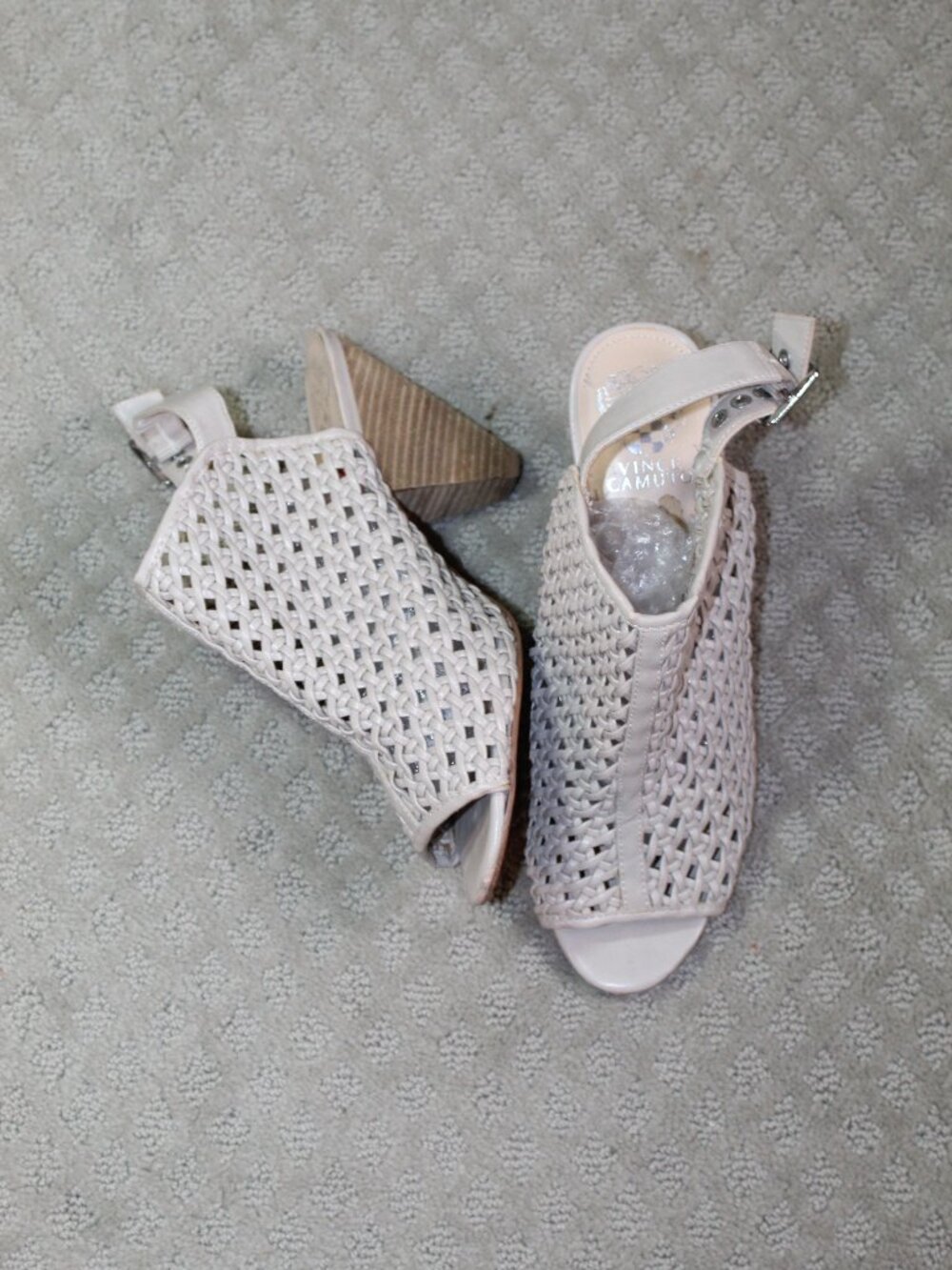 Vince Camuto Beige Leather Peep Toe Woven Slingback Block Heel